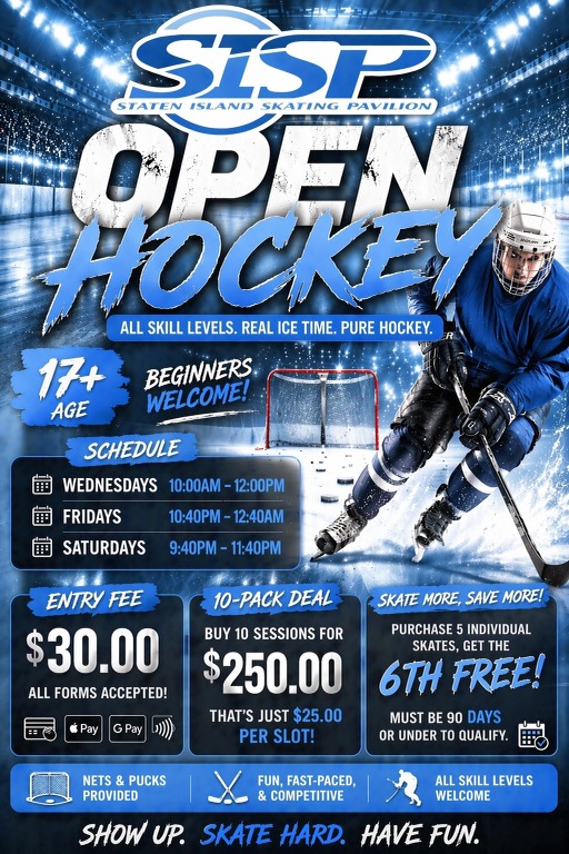 Open hockey flyer with session times, pricing, and open hockey details